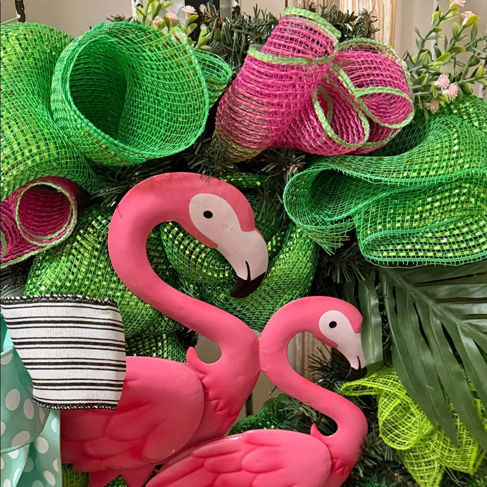 Pink Flamingo Tropical Holiday Wreath - Green & Pink